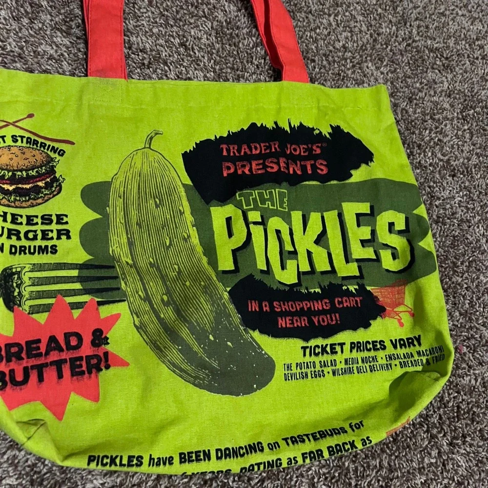 Trader Joes Pickle In A Jar Reusable Canvas Tote Bag Green Made in USA